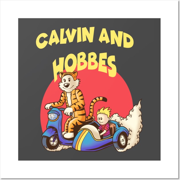 calvin and hobbes riding sidecar motorbike Wall Art by inhistime5783